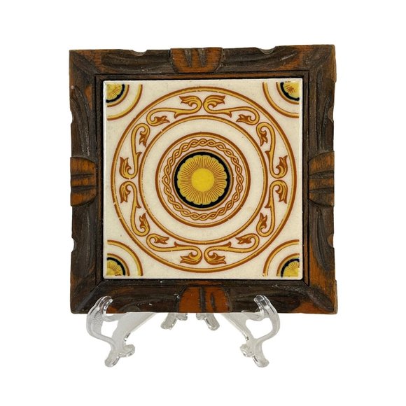 Mexican Tile Trivet Hand Carved Wood Frame With Feet 70s Plant Stand Bohemian - Picture 1 of 8